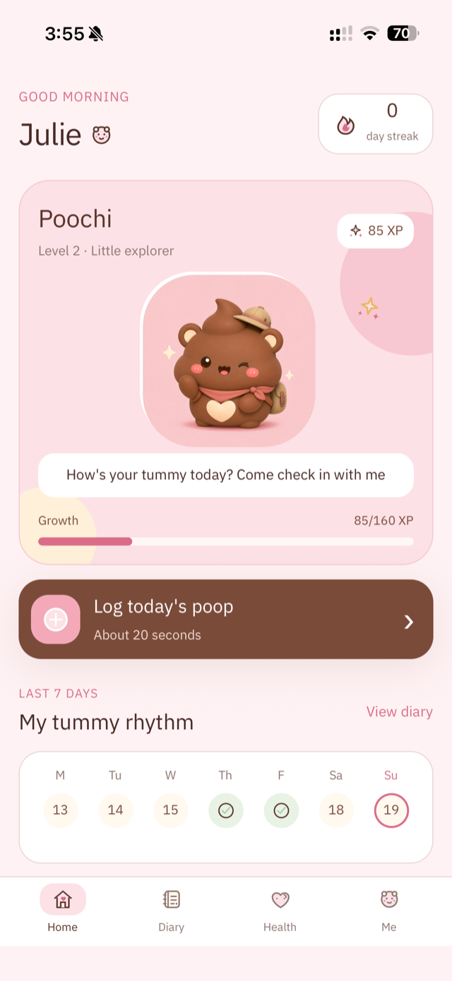 Poochi home screen — pet, XP progress and 7-day tummy rhythm